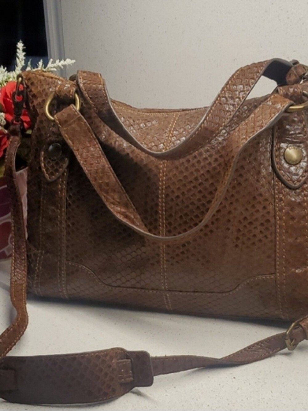 HTF🦄 FRYE BROWN DISTRESSED LEATHER SNAKESKIN CROSSBODY SATCHEL Medium